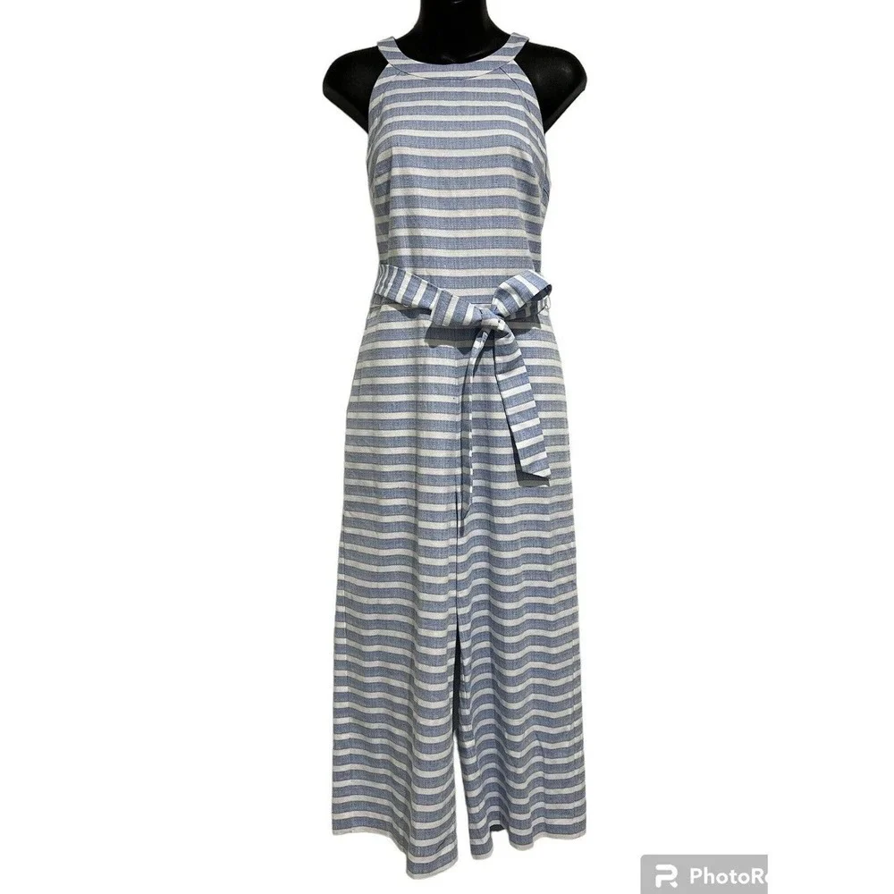 Crown & Ivy High Neck Yarn Dye Jumpsuit Size 8 Blue/white New With‎ Tags